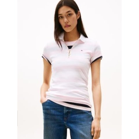 修身条纹拉链POLO衫