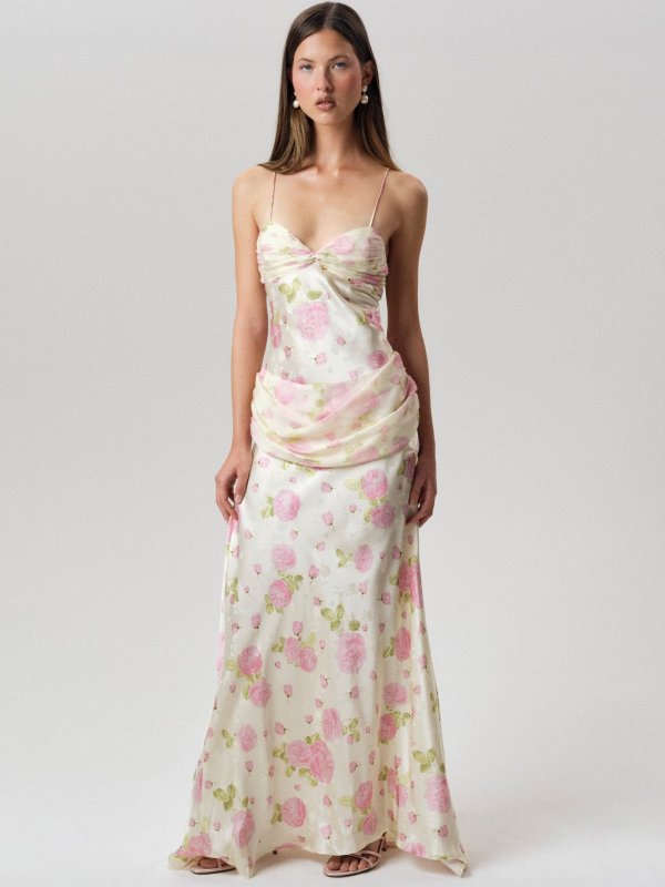 Rose Print Satin Floral Maxi Dress