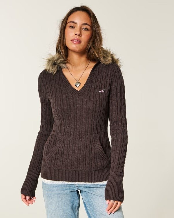 Hooded Cable-Knit Sweater Faux Fur Trim