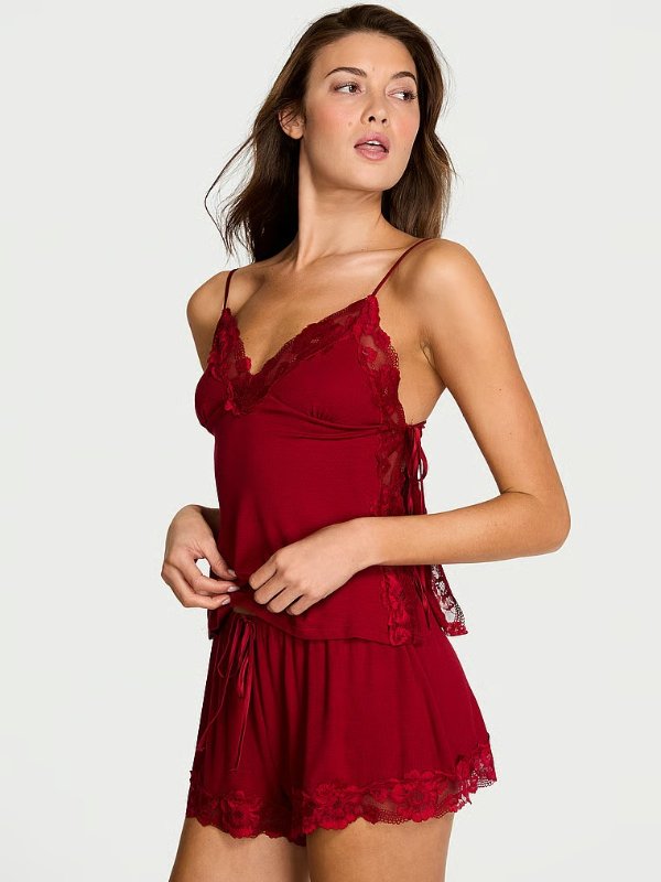 SoSoft Modal Ribbed Lace-Trim Cami Shorts Set