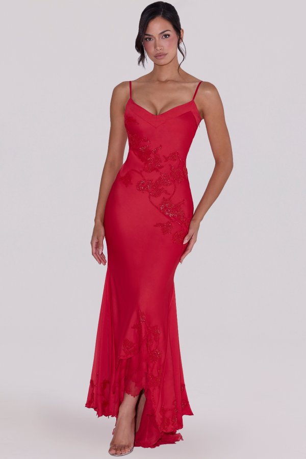 House of CB Anastelle Hand Beaded Satin Maxi Dress