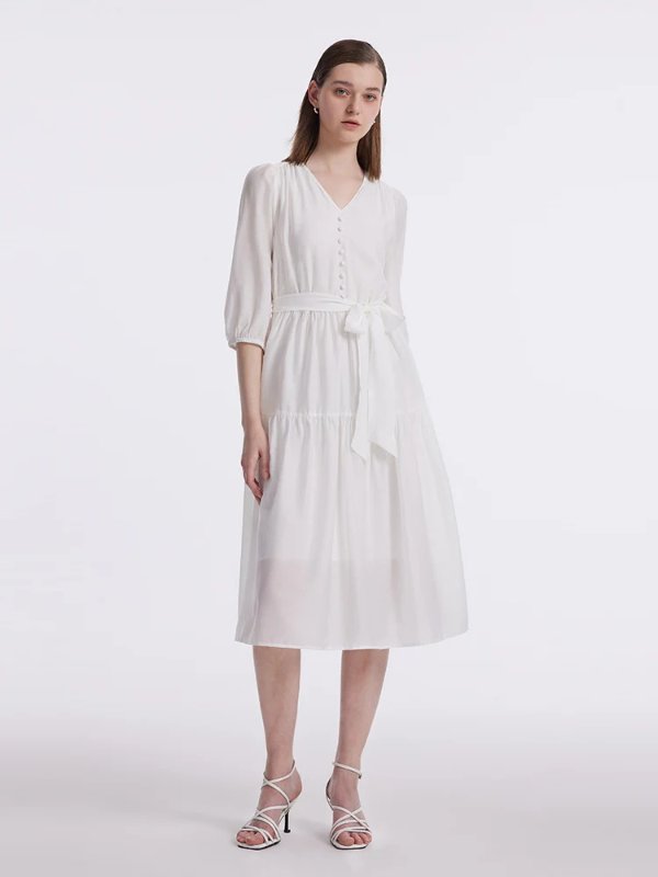 V-Neck Gathered Waist Midi Dress White