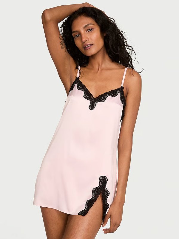 Tease Satin Lace-Trim Slip Dress