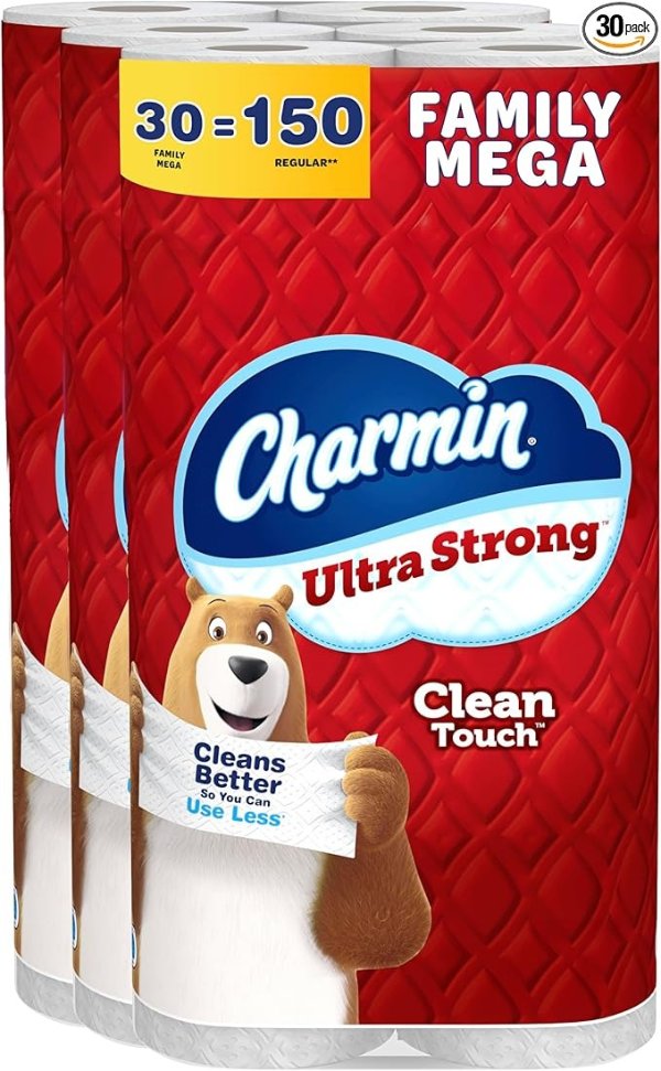 Ultra Strong Clean Touch Toilet Paper, 30 Family Mega Rolls = 153 Regular Rolls