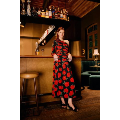 Black Latin Roses 3D花朵 单肩长裙