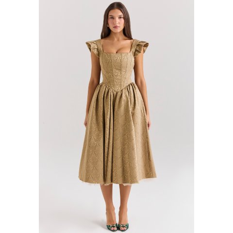 House of CB Gold Jacquard Midi Dress with Detachable Bow