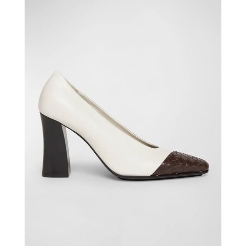 Mixed Leather Block-Heel Pumps