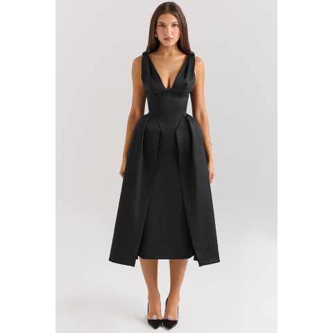 House of CB Black Satin Twist Strap Midi Dress