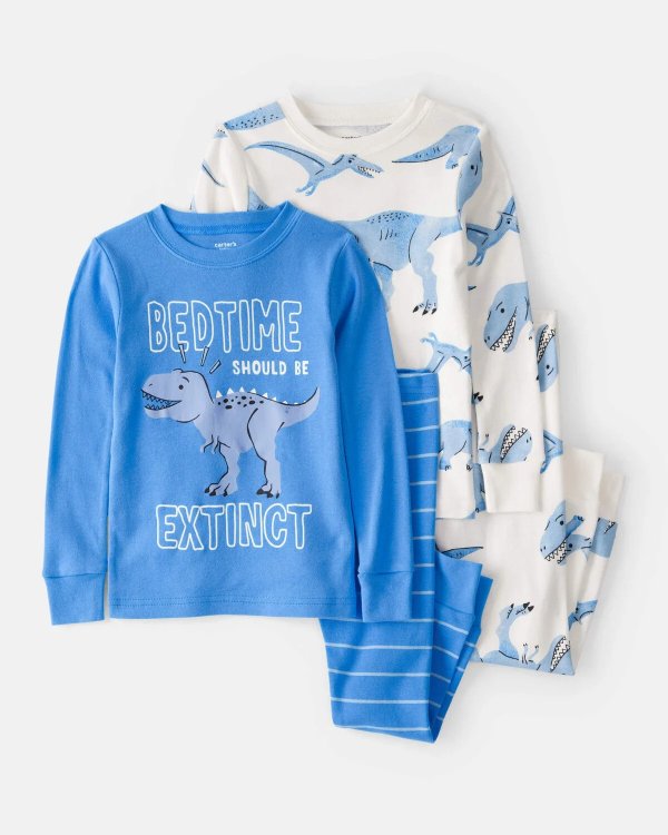 Dinosaur Print Toddler Boy 100% Cotton Long-Sleeve Pajamas 4-Piece