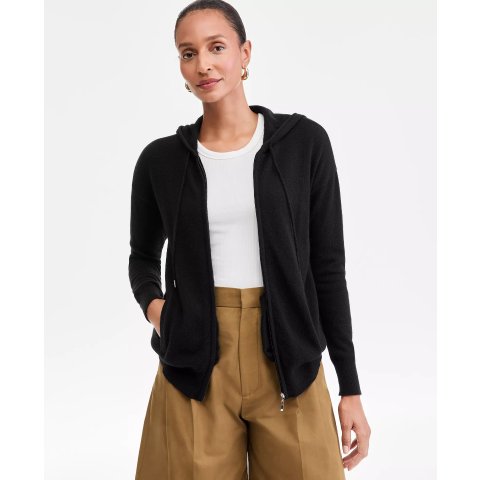 Charter Club100%羊绒连帽拉链羊绒开衫