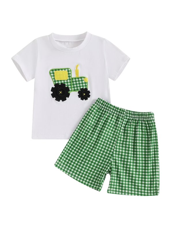 Toddler Tractor Embroidery T-shirt Plaid Shorts Set 2pcs Summer
