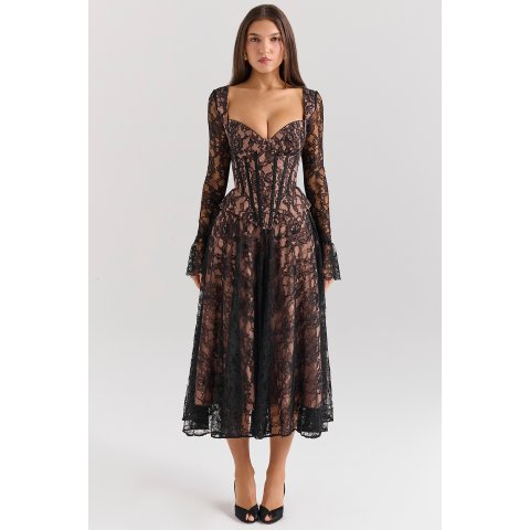 House of CB Black Lace Corset Midi Dress