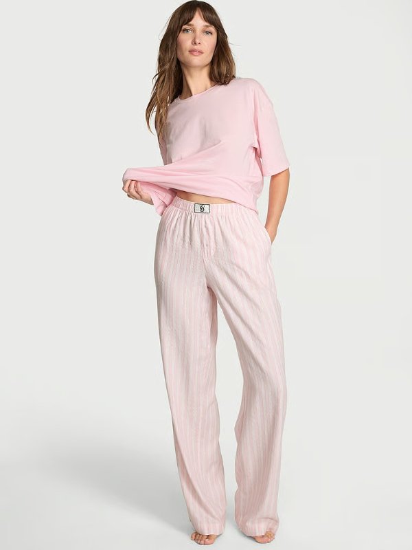 Flannel Short-Sleeve Long Tee Pajama Set
