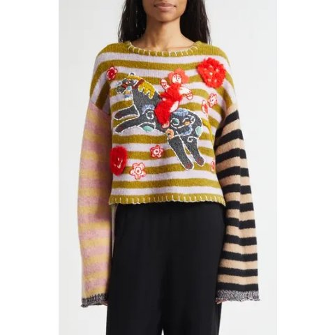 马刺绣羊毛混纺毛衣