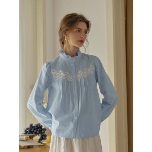 Simple Retro  蓝色立领拼接长袖衬衫