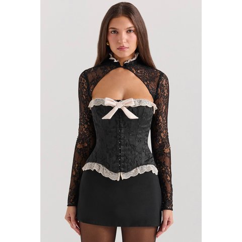 House of CB Perdita Black Metallic Jacquard Corset Top with Detachable Bolero