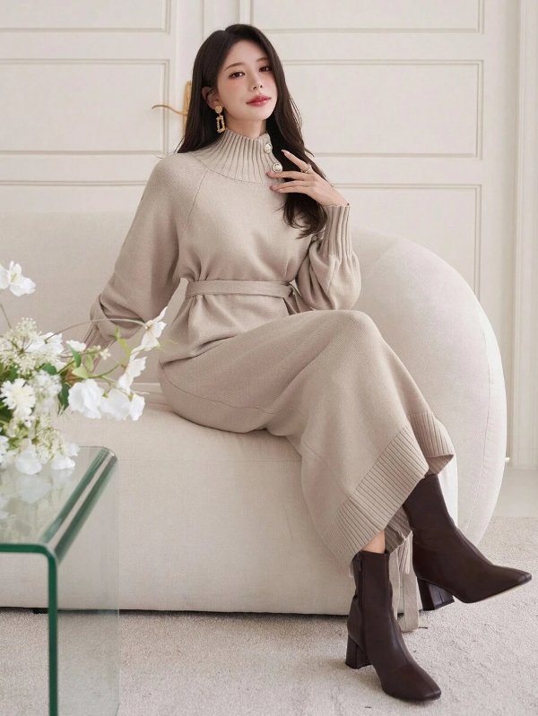 DAZY Women's High Collar Sweater Dress Autumn