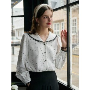 Simple Retro  彼得潘领波点长袖衬衫