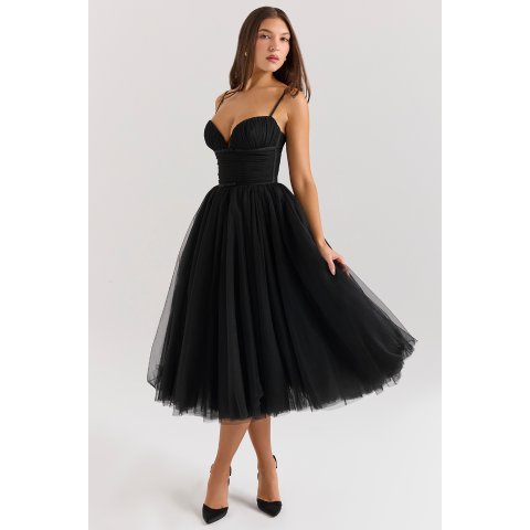 House of CB Black Tulle Ruched Midi Dress
