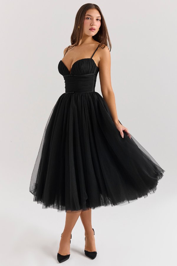 House of CB Black Tulle Ruched Midi Dress
