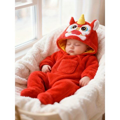 狮子舞连帽爬服 红色厚绒