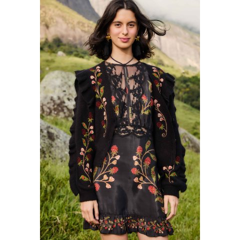 刺绣针织开衫 黑莓