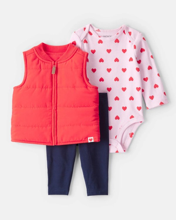 Baby Girl 3-Piece Puffer Vest Set Red