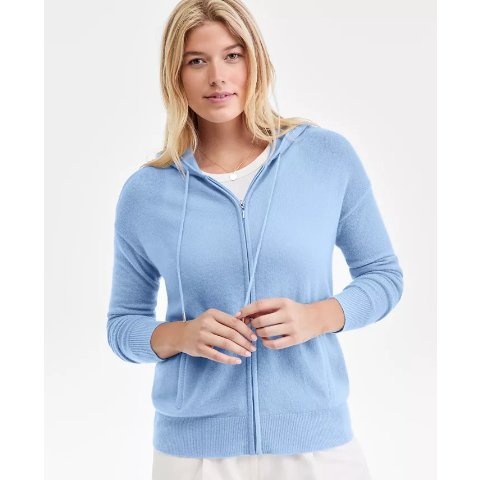 连帽拉链羊绒开衫