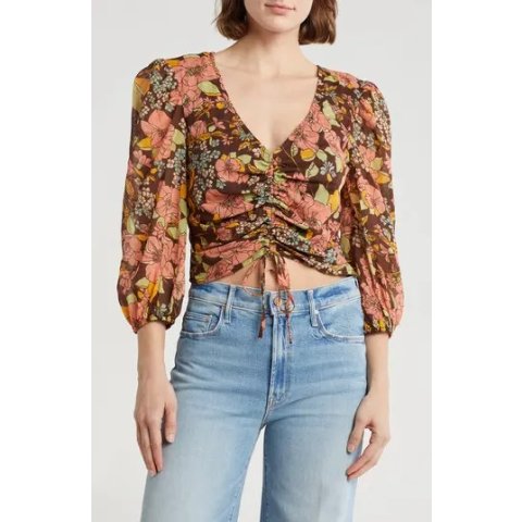 印花收褶七分袖上衣