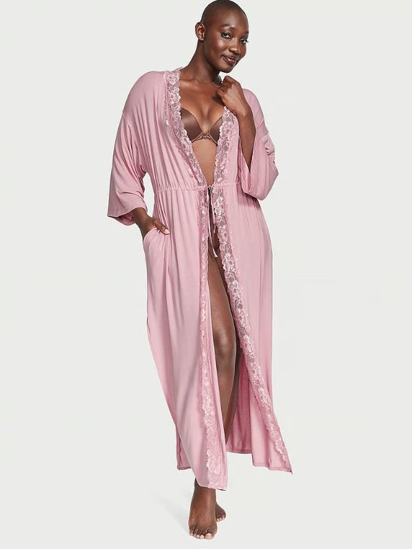High-Slit Maxi Robe Lace Trim