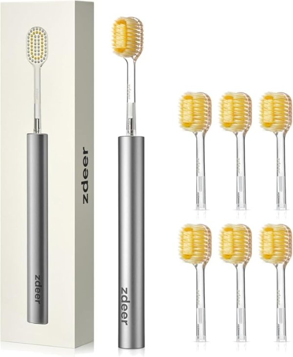 Ultra Soft Bristle Adult Toothbrush Aluminum Alloy Handle 6 Replaceable Heads