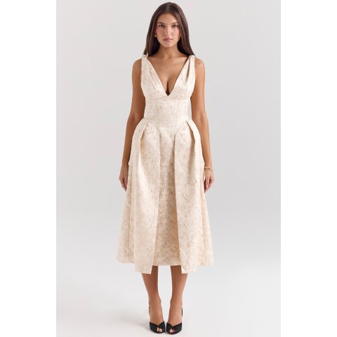 House of CB Paloma Ivory Metallic Jacquard Midi Dress
