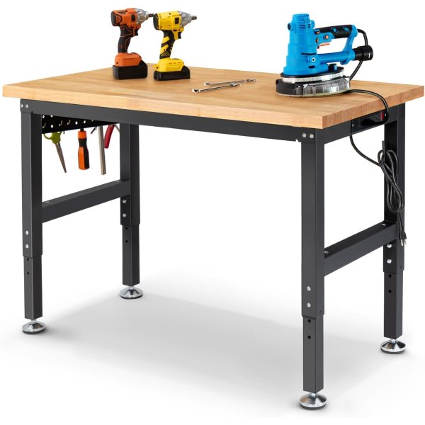 48" Adjustable Garage Workbench Rubberwood Top Power Outlets