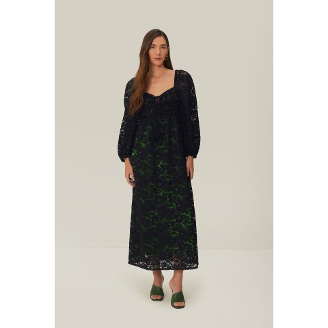 黑色蕾丝长袖中长连衣裙