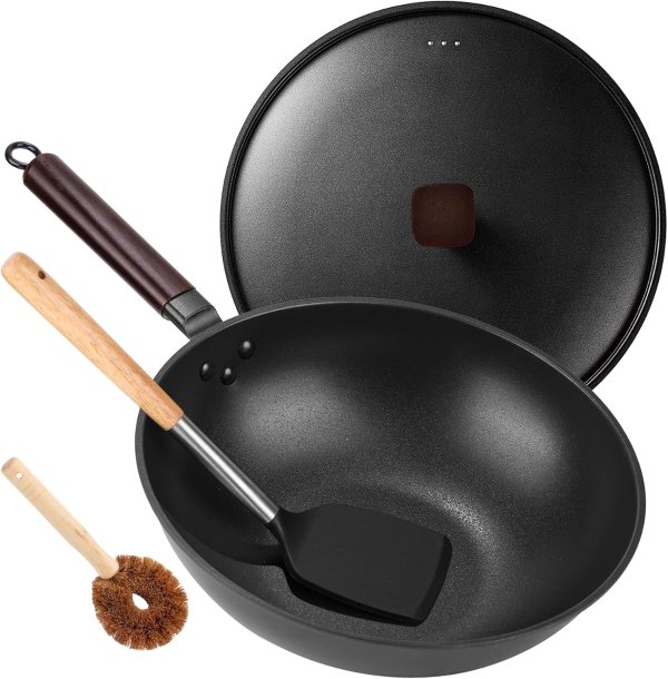 Teewe Carbon Steel Wok Pan 13 Inch with Lid