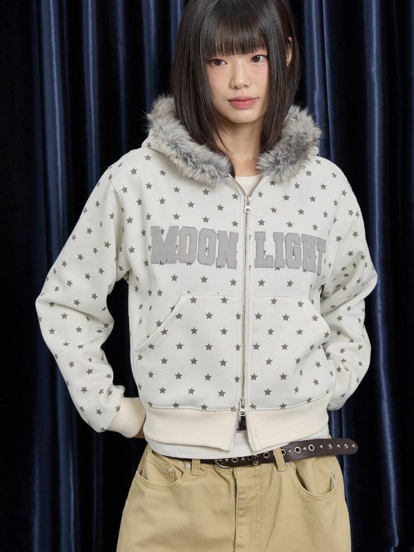 MOONLIGHT Ivory Fur Hooded Zip-up Hoodie