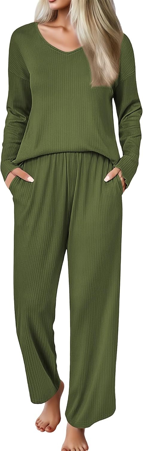 Ekouaer Womens Ribbed Knit Long Sleeve Pajama Set