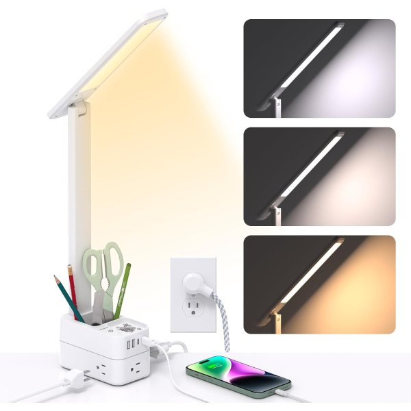Addtam LED Desk Lamp with Pen Holder 3 Outlets 4 USB Ports