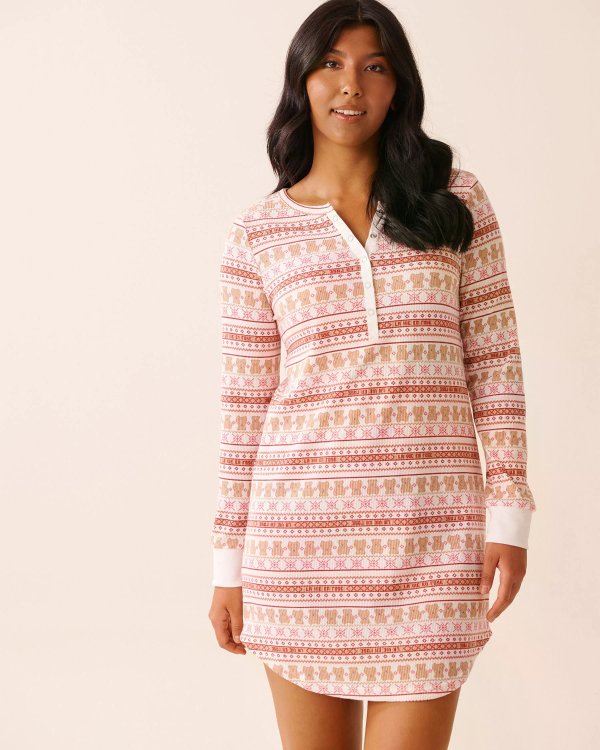 La Vie En Rose Teddy Bear Print Waffle Knit Long Sleeve Sleepshirt