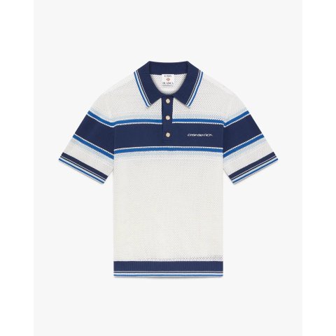 CASABLANCAWhite Blue Striped Mesh Short Sleeve Polo Shirt