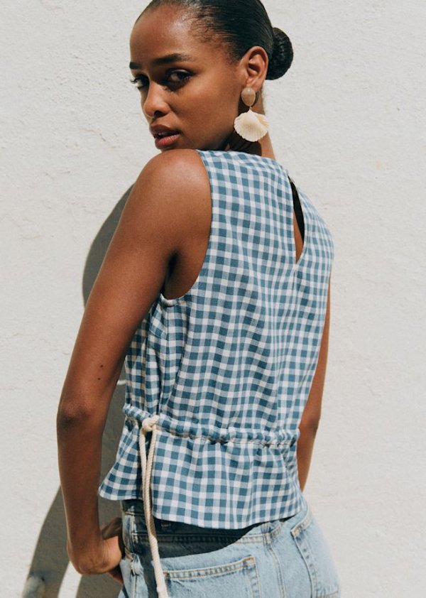 Darlene Blouse Vintage Blue and Ecru Checks