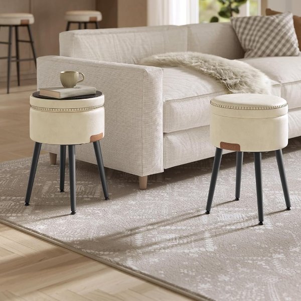 VASAGLE ULOM005W01 Round Storage Ottoman Synthetic Leather Steel Legs Cream White