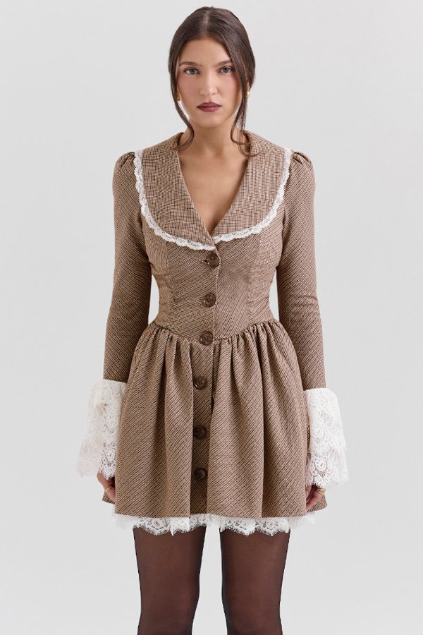 House of CB Brown Puppytooth Check Mini Dress