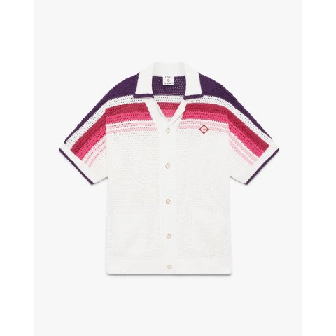 CASABLANCAWhite Pink Stripe Short Sleeve Crochet Shirt