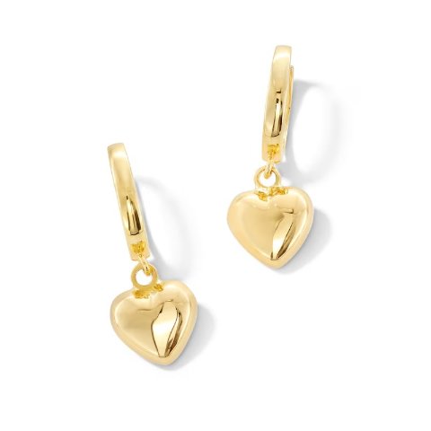 10K Gold Puff Heart Dangle Hoop Earrings