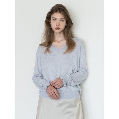 AND YOUFrilled Sleeve V-Neck Soft Wool Knit Light blue/Black