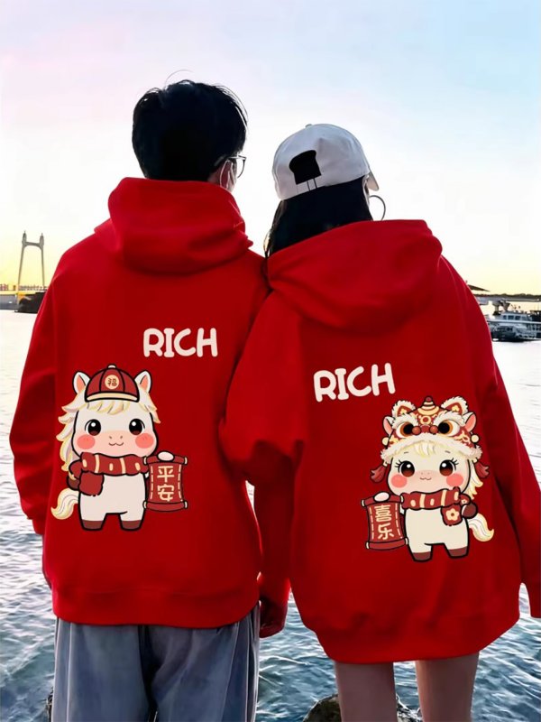 Red Couple Hoodie Horse Cartoon Long Sleeve