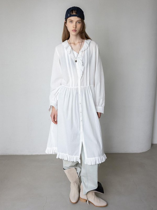 Frill Detail Long Maxi Dress Ivory