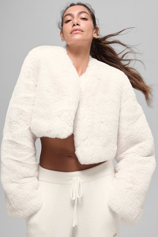 Faux Fur Cropped Jacket Ivory