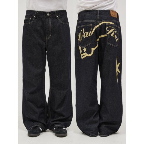 WAIKEIIndigo Blue Parachute Denim Pants Back Graphic